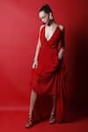 Swatee Singh_Red Lace Plain Textured V Neck Plunge Gown _Online_at_Aza_Fashions