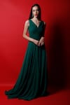 Buy_Swatee Singh_Green Georgette Solid V Neck Pleated Dress _at_Aza_Fashions