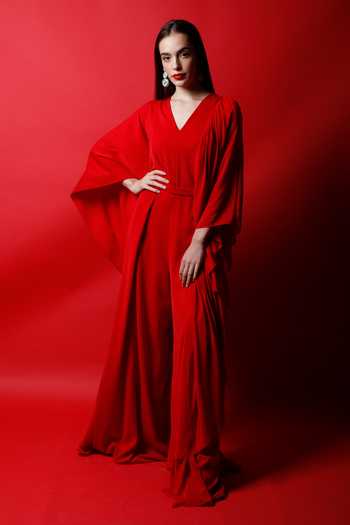 Buy_Swatee Singh_Red Crepe Solid V Neck Flag Drape Jumpsuit With Belt _at_Aza_Fashions