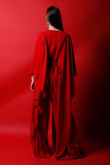 Shop_Swatee Singh_Red Crepe Solid V Neck Flag Drape Jumpsuit With Belt _at_Aza_Fashions