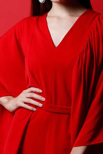 Buy_Swatee Singh_Red Crepe Solid V Neck Flag Drape Jumpsuit With Belt _Online_at_Aza_Fashions