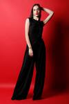 Buy_Swatee Singh_Black Lurex Plain Solid Round Fan Pleat Jumpsuit With Belt _at_Aza_Fashions