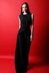 Swatee Singh_Black Lurex Plain Solid Round Fan Pleat Jumpsuit With Belt _Online_at_Aza_Fashions