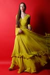 Buy_Swatee Singh_Yellow Georgette Plain Solid V Neck Ruffle Gown _at_Aza_Fashions