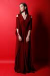 Buy_Swatee Singh_Red Crepe Solid V Neck Cold Shoulder Kaftan Gown _at_Aza_Fashions