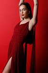 Buy_Swatee Singh_Red Georgette Solid V Neck Shoulder Drape Slit Gown _Online_at_Aza_Fashions