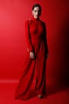 Swatee Singh_Red Crepe Embroidered Pearl Buttons Turtle Neck Collar Jumpsuit _Online_at_Aza_Fashions