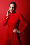 Buy_Swatee Singh_Red Crepe Embroidered Pearl Buttons Turtle Neck Collar Jumpsuit _Online_at_Aza_Fashions