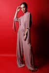 Buy_Swatee Singh_Pink Crepe Solid Band Collar Drop Waist Jumpsuit With Belt _at_Aza_Fashions