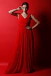 Buy_Swatee Singh_Red Georgette Plain Solid V Neck Pleated Gown _at_Aza_Fashions