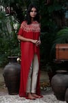 Shop_Samatvam By Anjali Bhaskar_Red Georgette, Cotton Silk Boat Embroidered Kurta And Pant Set _at_Aza_Fashions