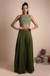 Buy_Mehak Murpana_Green Stretch Suiting Embroidery Embellished Crop Top And Draped Pant Set _at_Aza_Fashions