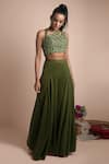 Shop_Mehak Murpana_Green Stretch Suiting Embroidery Embellished Crop Top And Draped Pant Set _at_Aza_Fashions