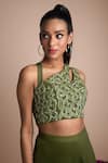 Mehak Murpana_Green Stretch Suiting Embroidery Embellished Crop Top And Draped Pant Set _Online_at_Aza_Fashions