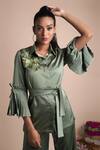 Buy_Mehak Murpana_Green Stretch Suiting Embroidery Collared Neck Embellished Shirt _at_Aza_Fashions