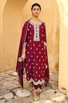 Buy_Kameez_Red Kurta And Dupatta- Chanderi Embroidered Gota Round Pant Set _at_Aza_Fashions