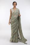 Buy_Nikasha_Grey V Neck Hand Painted Saree With Blouse _at_Aza_Fashions