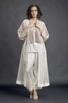 Bodhi Tree_Beige Silk Organza Embroidery Top V-neck Jacket Open Trench Coat And Pant Set _Online_at_Aza_Fashions
