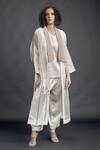 Buy_Bodhi Tree_Beige Silk Organza Embroidery Top V-neck Jacket Open Trench Coat And Pant Set _at_Aza_Fashions