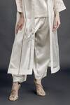 Bodhi Tree_Beige Silk Organza Embroidery Top V-neck Jacket Open Trench Coat And Pant Set _at_Aza_Fashions