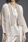 Shop_Bodhi Tree_Beige Silk Organza Embroidery Top V-neck Jacket Open Trench Coat And Pant Set _Online_at_Aza_Fashions