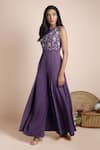 Shop_Mehak Murpana_Purple Stretch Suiting Embroidery Round Jumpsuit _at_Aza_Fashions