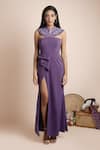 Shop_Mehak Murpana_Purple Stretch Suiting Embroidery High Neck Draped Gown _at_Aza_Fashions