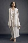 Bodhi Tree_Beige Silk Organza Embroidery Top V-neck Jacket Lapel Sheer And Pant Set _Online_at_Aza_Fashions