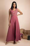 Buy_Mehak Murpana_Pink Stretch Suiting Embroidery Round Draped Jumpsuit _at_Aza_Fashions