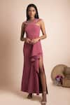 Buy_Mehak Murpana_Pink Stretch Suiting Embroidery High Neck Draped Gown _at_Aza_Fashions