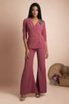 Buy_Mehak Murpana_Pink Stretch Suiting Embroidery V Neck Overlap Top And Pant Set_at_Aza_Fashions
