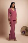 Shop_Mehak Murpana_Pink Stretch Suiting Embroidery V Neck Overlap Top And Pant Set_at_Aza_Fashions