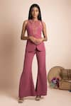 Buy_Mehak Murpana_Pink Stretch Suiting Round Embroidered Top And Pant Set _at_Aza_Fashions