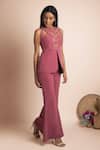 Shop_Mehak Murpana_Pink Stretch Suiting Round Embroidered Top And Pant Set _at_Aza_Fashions