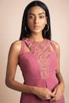 Mehak Murpana_Pink Stretch Suiting Round Embroidered Top And Pant Set _Online_at_Aza_Fashions