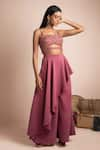 Shop_Mehak Murpana_Pink Stretch Suiting Embroidery Sweetheart Neck Crop Top And Draped Pant Set _at_Aza_Fashions