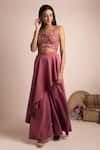 Buy_Mehak Murpana_Pink Stretch Suiting Embroidery Sweetheart Neck Crop Top And Draped Pant Set _at_Aza_Fashions