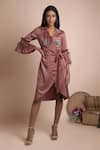 Mehak Murpana_Pink Stretch Suiting V Neck Overlap Trench Dress_Online_at_Aza_Fashions