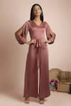 Buy_Mehak Murpana_Pink Stretch Suiting Embroidery V Neck Flared Jumpsuit _at_Aza_Fashions