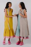 Shop_Tussah By Siddhi Shah_Yellow Cotton V-neck Tiered Dress _Online_at_Aza_Fashions
