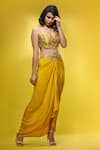 Shruti S_Yellow Crop Top Silkskirt  Crepecape  Silksleeves  Zardozi Cape Set _Online_at_Aza_Fashions