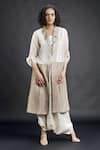 Buy_Bodhi Tree_Beige Silk Organza Embroidery Top V-neck Jacket Lapel Sheer And Dhoti Pant Set _at_Aza_Fashions