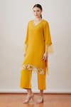 Buy_Sitaraa_Yellow Crepe Embroidery V Neck Straight Kurta And Palazzo Set _at_Aza_Fashions