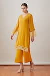 Sitaraa_Yellow Crepe Embroidery V Neck Straight Kurta And Palazzo Set _Online_at_Aza_Fashions