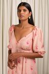 Shiori_Peach Cotton Silk And Embroidery Block Plunge V Noor Floral Tunic _at_Aza_Fashions