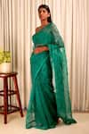 Buy_Shiori_Emerald Green Saree - Silk Organza And Embroidery Block Baag Floral _at_Aza_Fashions