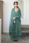 Taro_Green Kurta And Pant Handwoven Cotton Dupatta Organza V Neck Anarkali Set _Online_at_Aza_Fashions