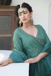 Buy_Taro_Green Kurta And Pant Handwoven Cotton Dupatta Organza V Neck Anarkali Set _Online_at_Aza_Fashions