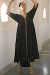 Buy_Taro_Black 100% Handwoven Cotton Embroidery V Neck Kurta And Pant Set _Online_at_Aza_Fashions