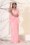 Seema Thukral_Pink Chiffon And Organza Lining Satin Embroidery Pre-draped Saree With Blouse _Online_at_Aza_Fashions